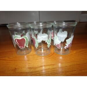 Set of 6 Vintage BAMA Jelly Jar 4"‎ glass w pics of grapes strawberry apple